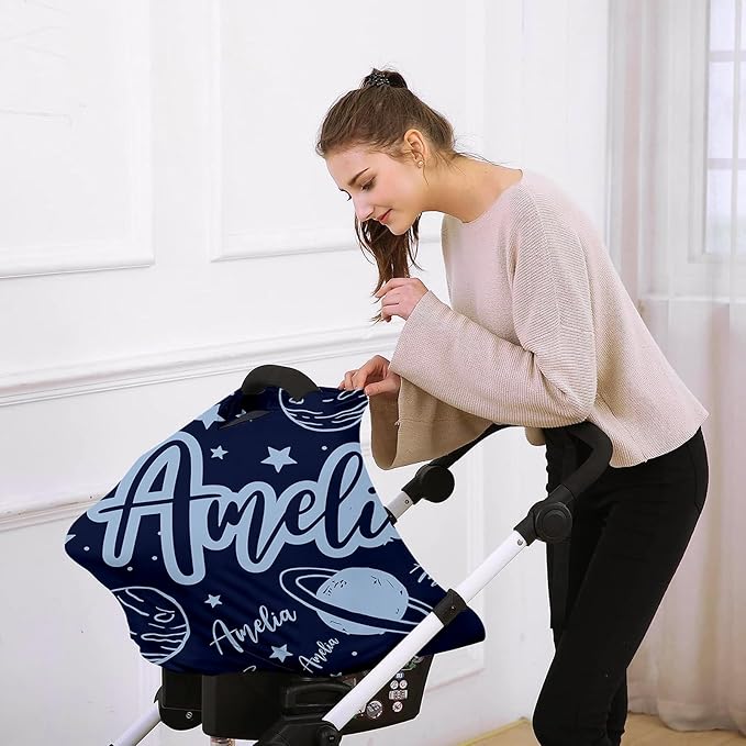 Custom Car Seat Covers for Babies - Breathable Blue Planet Baby Car Seat Cover for Girls Boys, Kick-Proof Newborn Carrier Canopy Stretchy Stroller Cover for 4 Seasons
