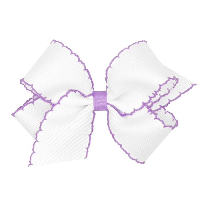 Wee Ones Girls' Classic Grosgrain Moonstitch Edge Hair Bow, No-Slip Hair Clip, Handmade, White with Light Orchid, Medium