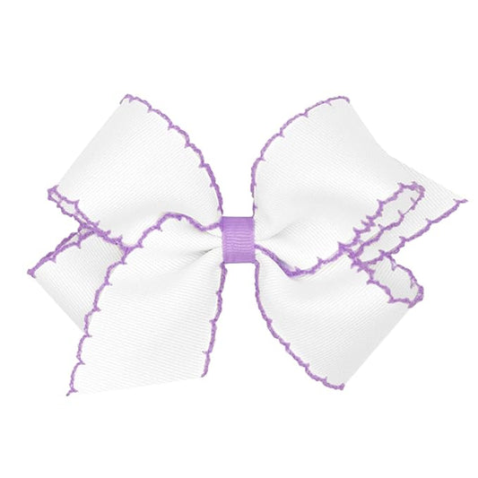 Wee Ones Girls' Classic Grosgrain Moonstitch Edge Hair Bow, No-Slip Hair Clip, Handmade, White with Light Orchid, Medium