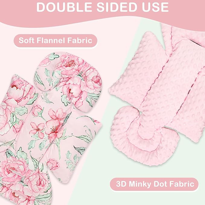 DILIMI Infant Car Seat Insert, Baby Car Seat Head Support with 3 Strap Paddings, Soft Newborn Car Seat Cushion for Stroller, Swing, Bouncers, Pink Flower
