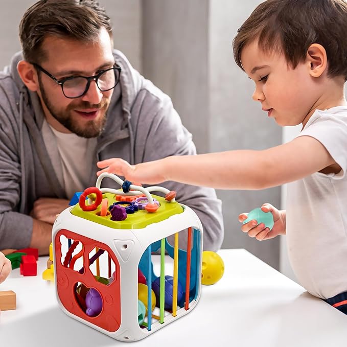 AiTuiTui Multifunction Baby Sensory Montessori Activity Cube Toys, Shape Sorter Early Learning Educational Interactive Toys for Infant Toddlers Boy Girl, Birthday Gifts Easter Basket Stuffers