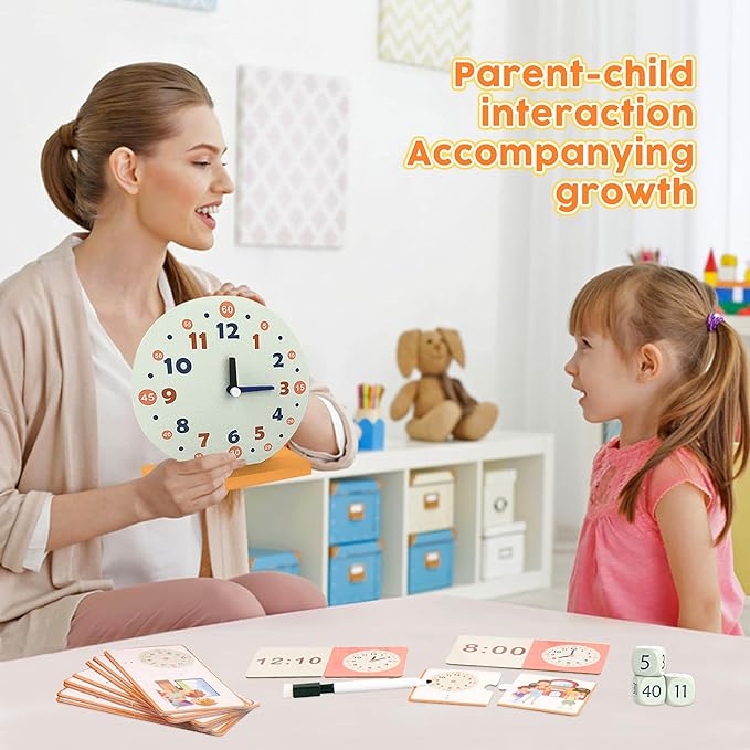 Wooden Toys for Learning Clock Game Set - 29 Piece,Learning Clocks for Kids, Clocks and Time Teaching Aids for Pen Included, Homeschool Supplies-Telling Time Teaching Clock for Kids Ages 3+