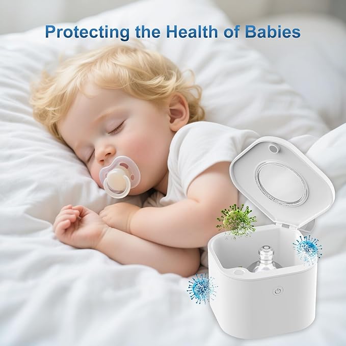 Portable Pacifier Sanitizer, UV Light Sanitizer Box, 99.99% Cleaned in 3 Minutes, 90 Disinfection Cycles, USB Rechargeable, Baby Pacifier Sanitizer On the Go (Square White)