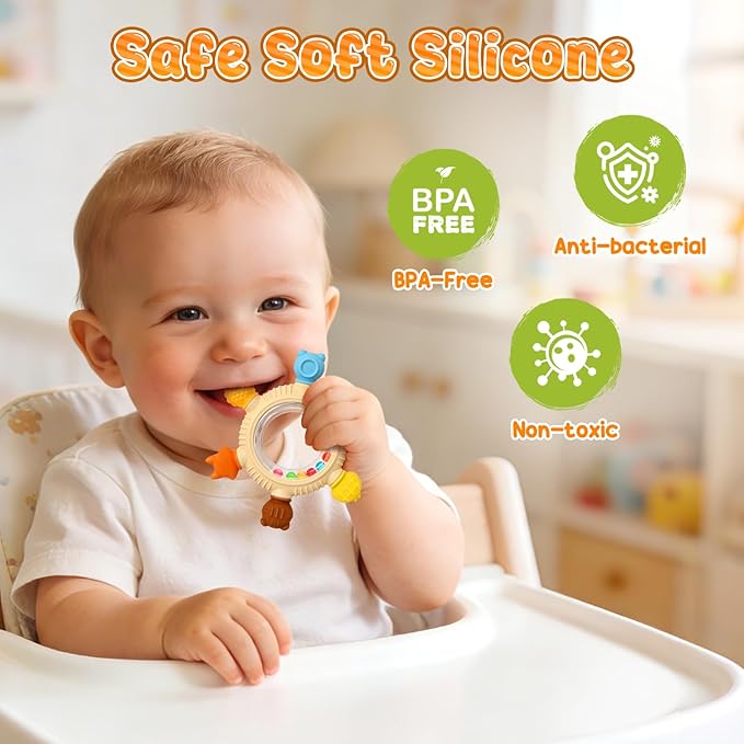 Baby Teething Toys for 3-6 6-12 Months, Silicone Baby Teether & Rattle, Chew Sensory Toys for Teething Relief, Baby Gift for Newborn Boys Girls