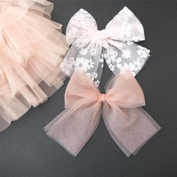 Large Tulle Bows Hair Clips for Baby Girls - Lace, Cottagecore, Lightweight Gauze Barrettes Accessories (Pink Floral and White)
