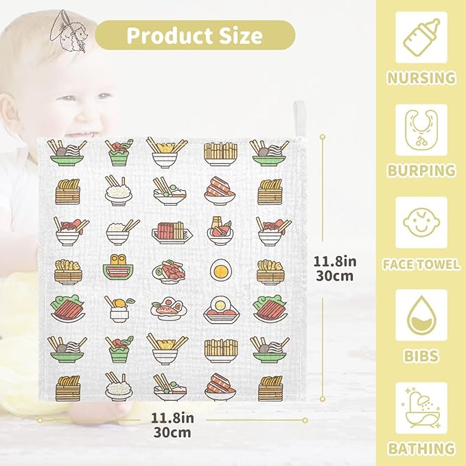 vvfelixl Baby Muslin Washcloths Asian Food Icons Baby Burp Cloths Cotton Babys Face Towel for Infants Soft 11.8 X 11.8 in, 3 Pack