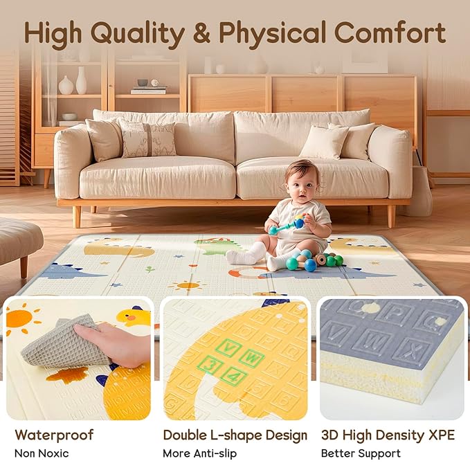 Foldable Baby Play Mat, PIGLOG 50" x 50" Waterproof Playmat for Playyards for Babies, Safe Foam Playmat for Tummy Time, Reversible Playmats, Portable Floor Mat for Infant, Toddler，Dinosaurs + Rainbow