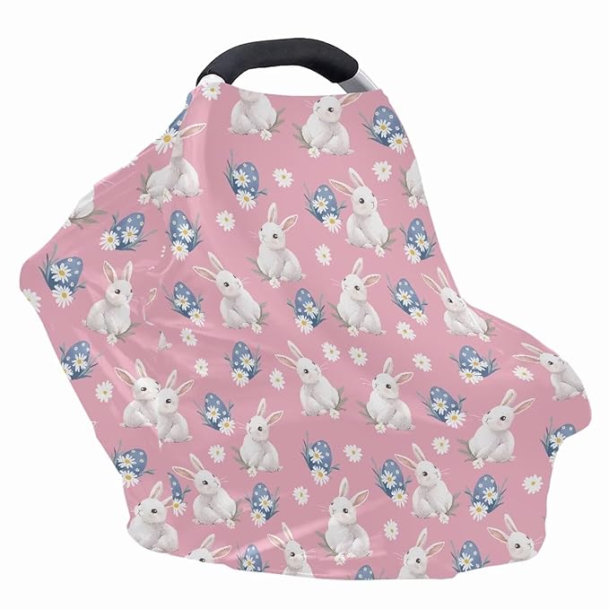 Wanyint Easter Rabbit Eggs Daisy Pink Stretchy Baby Car Seat Cover Carseat Canopy for Babies Universal Baby Breastfeeding Stroller High Chair Shopping Cart Cover