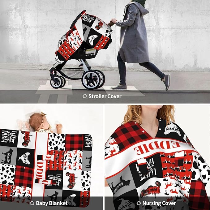 Personalized Baby Car Seat Canopy for Babies with Name, Custom Farm Life Car Seat Covers for Boys Girls, Opening Minky Nursing Breastfeeding Stroller Cover Carseat Canopies for Infant Newborn