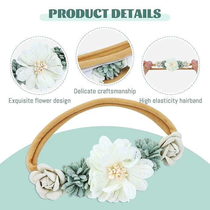 Dizila 6 Pieces Super Soft Stretchy Green Khaki White Baby Girl Nylon Bow Flower Headbands Floral Lace Headbands Hair Accessories for Newborns Infants Toddlers Girls Kids