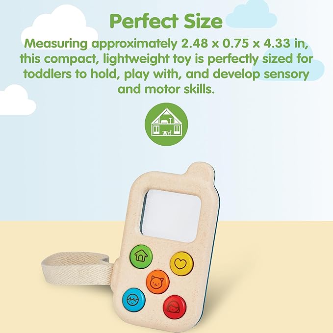 PlanToys® Wooden My First Phone Toy for Toddlers | Montessori Baby Sensory Toy with Magnifier Screen & Buttons | Pretend Play Cell Phone for Learning & Development