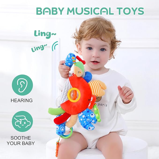 Crab Wind Chime Baby Car Seat Toy - Plush Stroller & Crib Hanging Toy with Teether, Squeaker, Portable Clip, Colorful Clear Rings for Sensory & Cognitive Development Hanging Toys