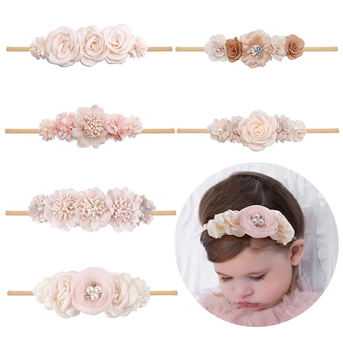 Baby Girl Flower Headband 6 PCS Elastic Hairbands Handmade Nylon Bows Headbands Chic Floral Hair Accessories Kids Gifts for Newborn Infant Toddlers