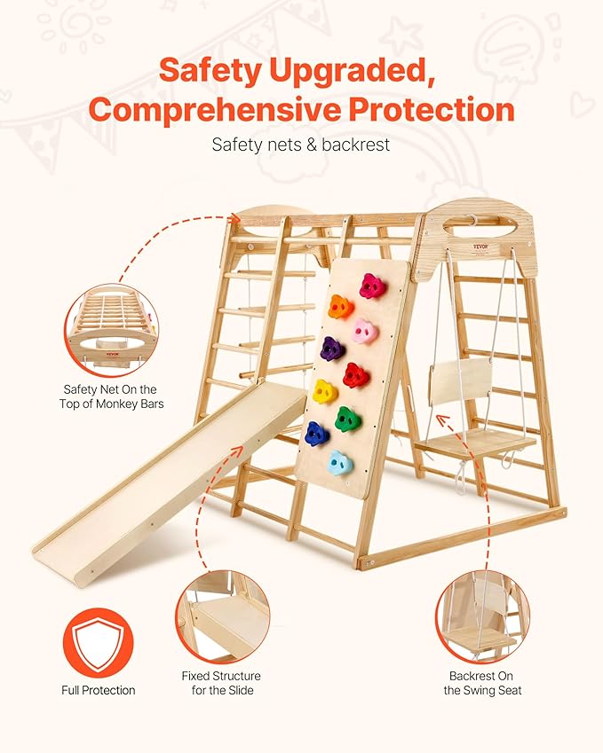 VEVOR Indoor Jungle Gym, 7-in-1 Toddler Indoor Playground, 47.2 x 58 x 56 inch, with Wood and Rope Ladder, Net Ladder, Swing, Monkey Bar, Slide, Climbing Wall, Wooden Indoor Climbing Toys for Kids