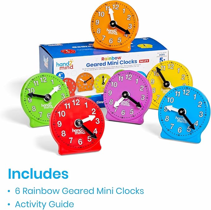 hand2mind Rainbow Geared Mini Learning Clock Set of 6, Analog Teaching Clocks for Kids, Movable Hands, Telling Time Math Manipulatives, Classroom School Homeschool Teaching Toy, Color Coded Gears