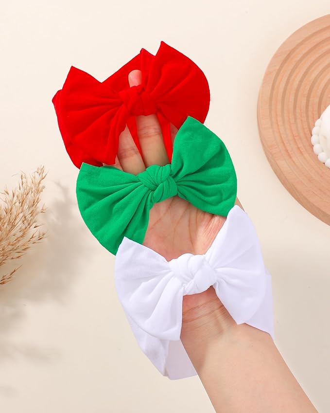 jollybows 3PCS Baby Christmas Bow Headbands Soft Nylon Baby Girl Headbands for Newborn Infant Toddler Kids Cute Bow Wide Hairbands Hair Accessories(White Green Red-Merry Christmas)