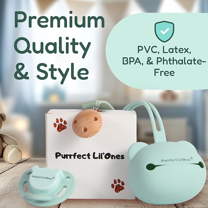 Purrfect Lil’Ones Silicone Baby Pacifier with Accesories | Clip & Case | Non-Toxic, Safe for Teething Babies | Keep it Clean | Light, Strong Grip, Easy to Clean, Travel-Friendly Storage, Shower Gift