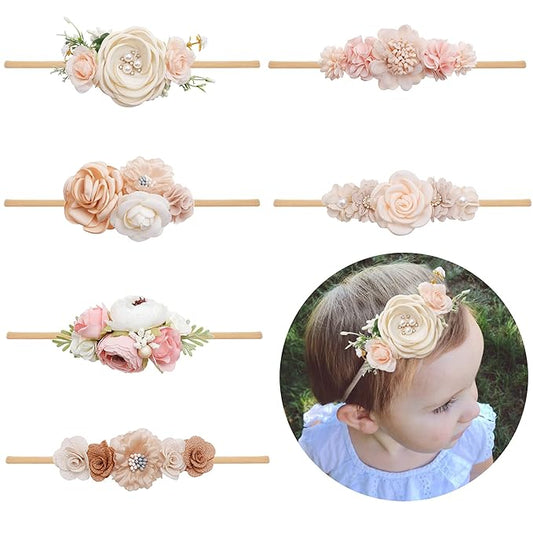 Baby Girl Flower Headband 6 PCS Elastic Hairbands Handmade Nylon Bows Headbands Chic Floral Hair Accessories Kids Gifts for Newborn Infant Toddlers