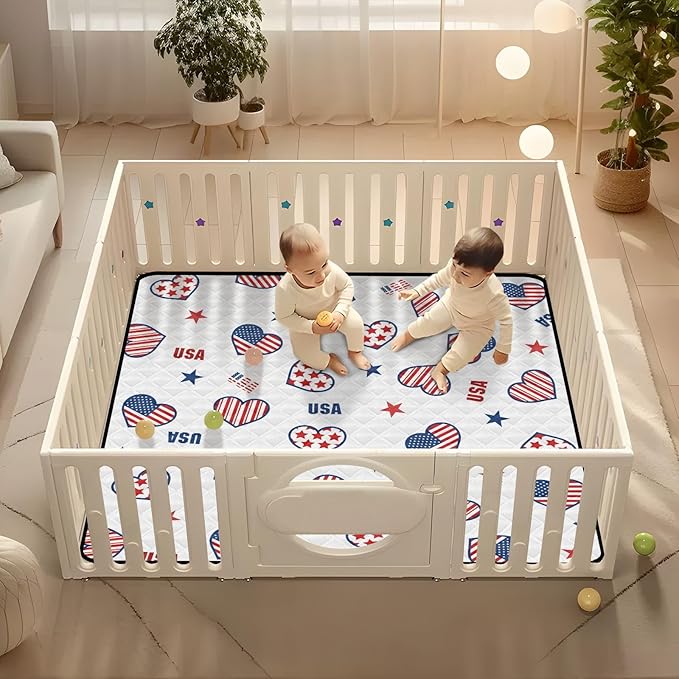 Baby Play Mat American Flag with Hearts July 4th 50 x 50 Playpen Mat Baby Play Mats for Floor Play Gym Crawling Mat Non-Slip Cushioned Baby Playmat for Infants, Babies, Toddlers