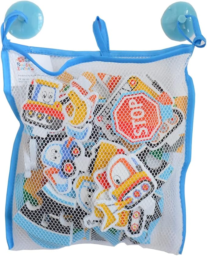 Buddy & Barney Bath Toy - Bath Time Construct & Build Activity Set for 2 3 4 5 6 7 Year Olds | 29 Pieces with Jigsaw, Digger & Bulldozer Water Squirter Toy | Handy Storage Organiser Bag Suction Cups