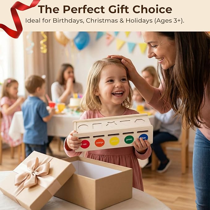 LovesTown 3-in-1 Wooden Shape Color Sorter Box with Logic Cards - Educational Matching Puzzle Game for Fine Motor Skills - Montessori Learning Gift for Toddlers