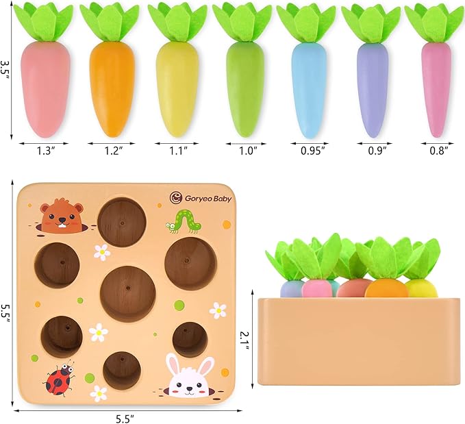 KMTJT Montessori Toys for 2 3 Year Old Toddlers, Macron Carrot Harvest Game Wooden Toys for Baby Boys and Girls, Educational Learning Shape Sorting Matching Gifts for Babies