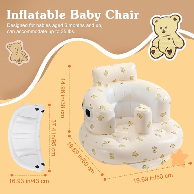 Zooawa Inflatable Baby Seat with Detachable Canopy, Baby Chair Sit Me Up for 6-30 Months, Built-in Air Pump Blow Up Floor Seat for Kids, Inflatable Infant Chair for Beach, Garden