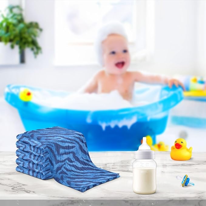 Blue Tiger Print Baby Washcloths Newborn Muslin Burp Cloths 3 Pack Soft Cotton Baby Face Bath Towel Drool Bibs for Infants, Girls and Boys 11.8 x 11.8 Inch