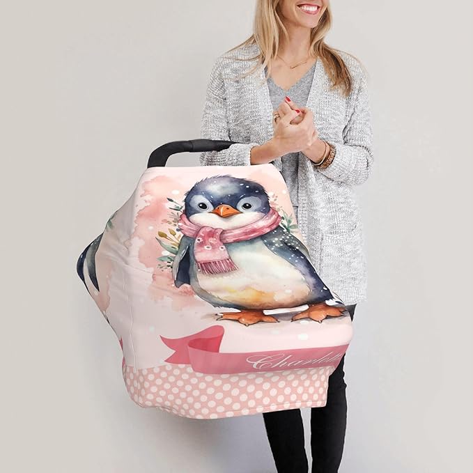 Personalized Penguin Baby Car Seat Cover with Name,Multi-Use Canopy for Nursing, Strollers,Shopping Carts,Customized Breastfeeding Cover, Full Privacy,Infant Stroller Cover