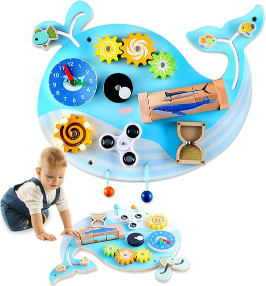 Whale Activity Wall Busy Board Panels, Montessori Sensory Wall Panel for Kids, Toddler Learning Activity Center, Interactive Educational Toys for Playroom Daycare Nursery Classroom Birthday Gifts