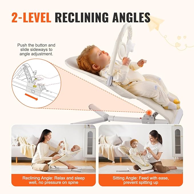 VEVOR Baby Bouncer, Folding Bouncer Seat for Babies 0-9 Months, Portable Baby Bouncer Seat with 2 Reclining Angles, Rotatable Toy Bar & Carrying Bag, Ideal for Indoors Outdoors, Beige