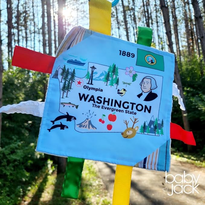 Baby Jack & Co 8x8” Learning Lovey Washington State Tag Stroller Toy for Babies - Crinkle Toys for Developing Five Senses - Learn About Capitals - Travel with Baby Jack - BPA Free Clip