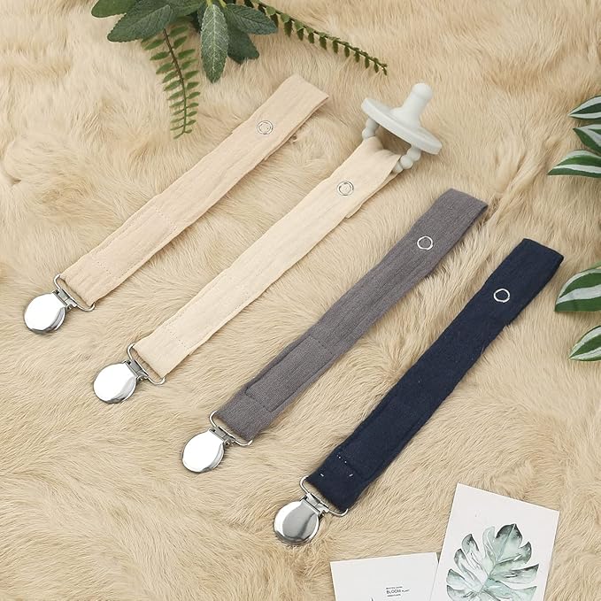 Baby Pacifier Clip Leash Holder Unisex for 4 Pack Gift Set with Neutral Solid Colors ;Soft Linen Pacifier Clips ; Fabric Pacifier Strap with Clip Keeps Pacifiers & Teethers in Place