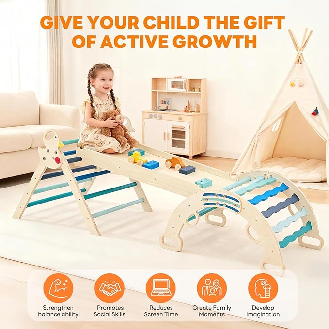 DUMOS Pikler Triangle Set, Toddler Climbing Toys and Play Structure Indoor, 9-in-1 Wooden Montessori Climbing Set with Arch, Ramp and Ladder, Foldable Baby Jungle Gym