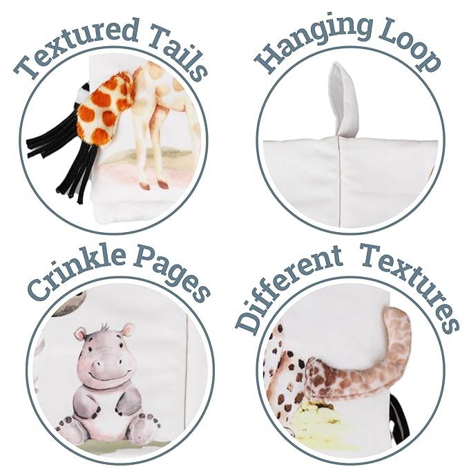 Ali+Oli Baby Cloth Book – Soft Sensory Crinkle Book with Textured Tails for Infants 0-12 Months – Early Learning Touch & Feel Tummy Time Toy – Newborn Shower Gift - Safari Friends