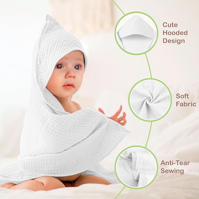 100% Organic Cotton Muslin Baby Hooded Towels - 32x32 Inch, 2 Pack Newborn Bath Towels for Boys & Girls, Soft & Absorbent Bath Set (White)