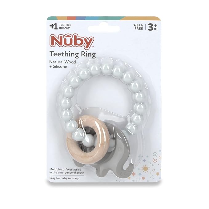 Nuby Natural Wood & Silicone Teether Ring: 3 M+, Elephant, Gray