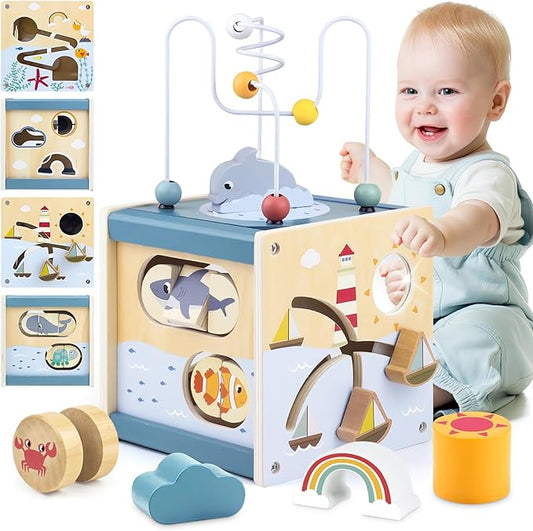 Airlab Wooden Activity Cube Montessori Toys for 1 Year Old Toddlers 12 Months + Toddler Learning Toys 1-3 Boys Girls Baby Sensory Interactive Birthday Gift