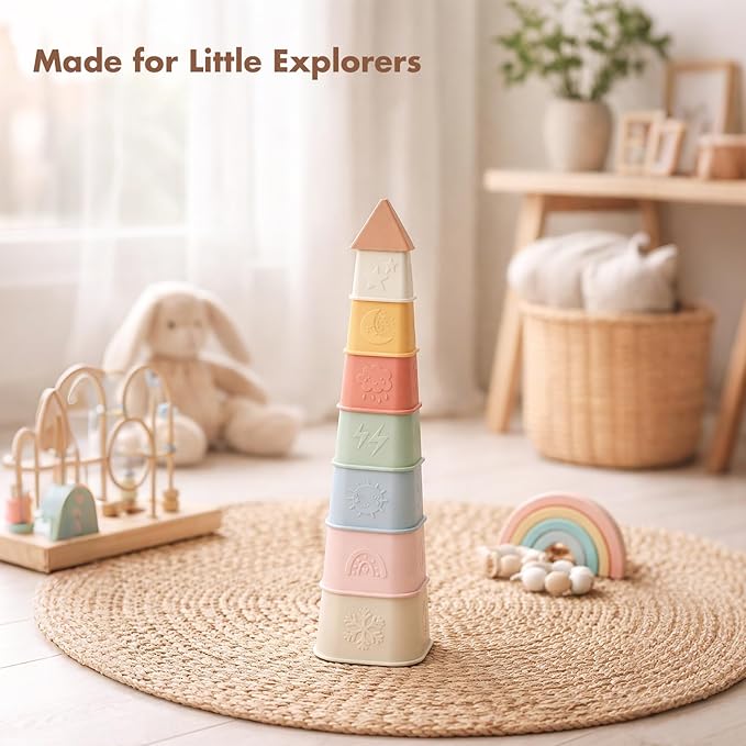 Baby Stacking Cups Toy, Silicone Stacking Tower Educational Baby Toys 6M+, Soft Teething Building Blocks 8 Pcs, BPA Free Sensory Infant Toy, Bath & Beach Toys, Vintage Neutral Colors-Gentle