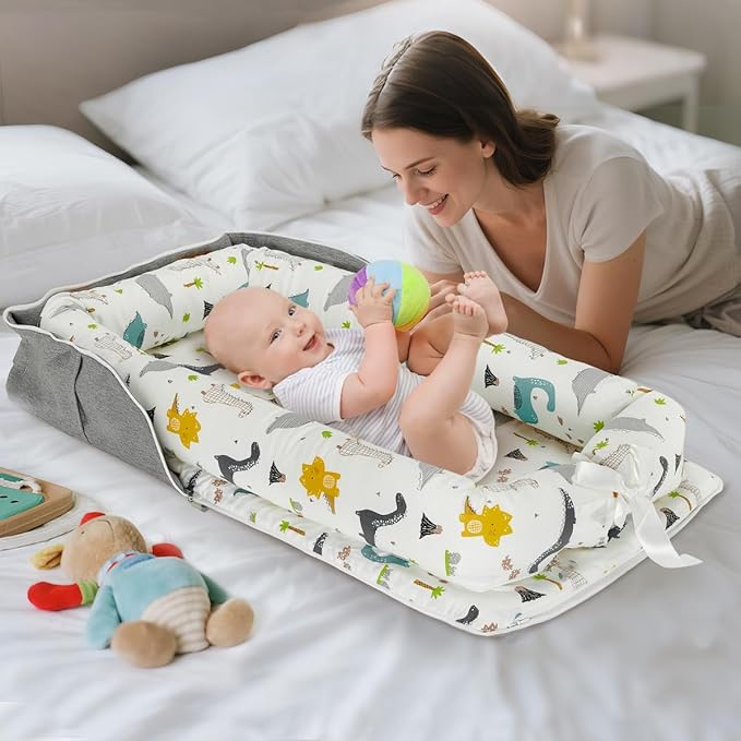 Baby Lounger for Newborn Infant - Ultra Soft Breathable Baby Nest with Ergonomic Womb-Like Design, Adjustable Bumper, Portable Travel Baby Bassinet for Sleep & Rest - Blue Dinosaur