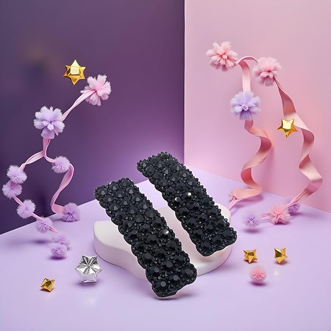 2Pcs Black Rhinestones Snap Hair Clips for Women Girls Rectangular Hairpins Korean Barrettes Hair Accessories, Clips and Barrettes, Baby Girls' Hair Clips