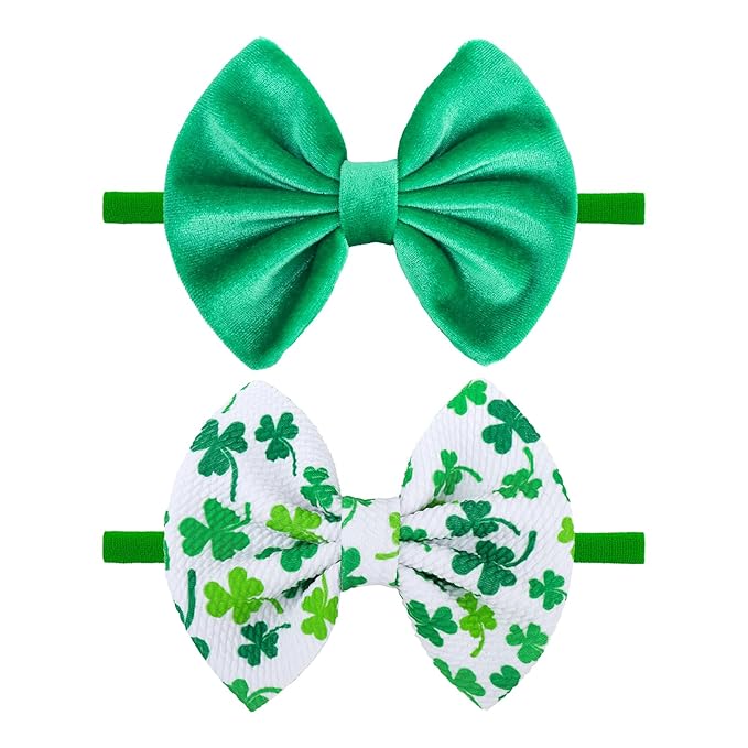 Velvet Baby Headbands 3 Count, Green Shamrock Print, Soft Nylon & Velvet Fabric, One Size Fits All, Hair Accessories for Baby Girls, St. Patrick's Day & Everyday Occasions