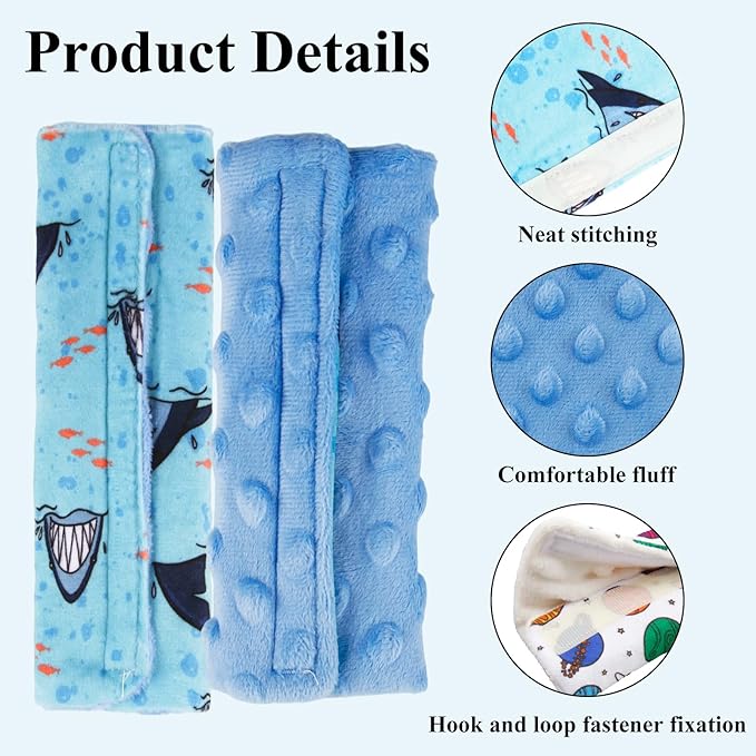 2-Pack Car Seat Strap Covers, Infant Seatbelt Covers, Velvety Soft Double-Sided Use Car Seat Shoulder Strap Pads for Infant Toddler, Blue Shark Pattern