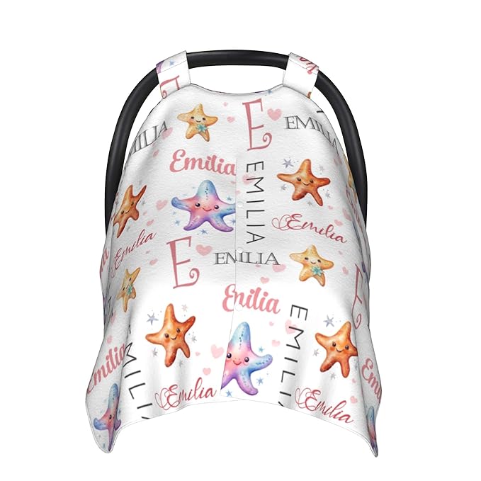 Custom Baby Car Seat Canopy Personalized Car Seat Covers with Name for Baby Boys Girls Customized Starfish Nursing Breastfeeding Cover Infant Carseat Canopies Newborn Minky Baby Blanket