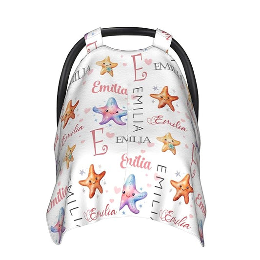 Custom Baby Car Seat Canopy Personalized Car Seat Covers with Name for Baby Boys Girls Customized Starfish Nursing Breastfeeding Cover Infant Carseat Canopies Newborn Minky Baby Blanket