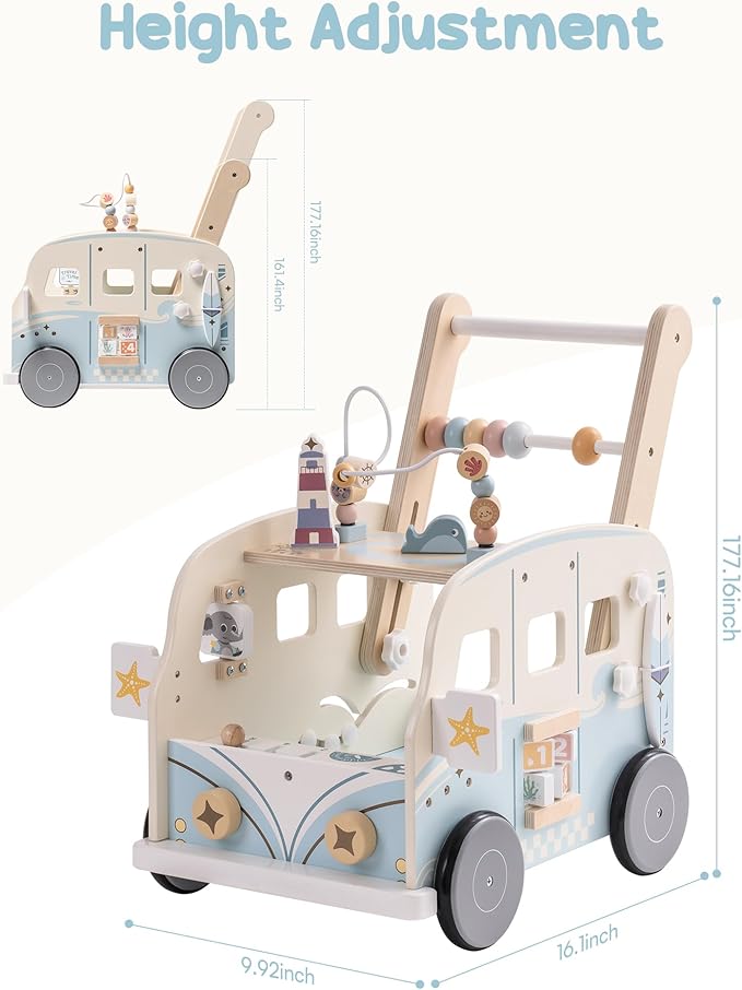 ROBOTIME Wooden Baby Walker, Baby Push Walker, Baby Activity Center Toys, Ajustable Speed Multi-Functional Baby Walker with Wheels for Boys and Girls(Vacation Bus)