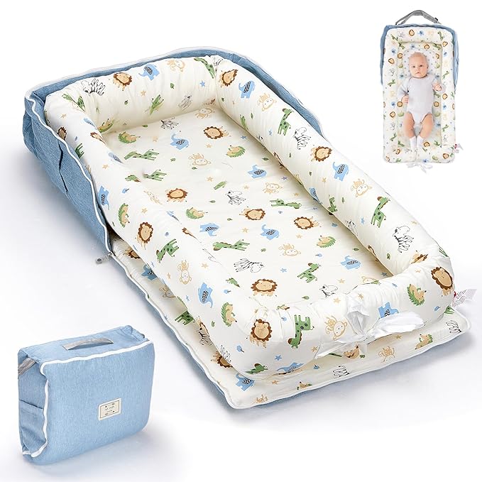 Baby Lounger for Newborn, Huggynest Portable Infant Lounger for 0-24 Months Newborn, Home Travel Dual-Purpose Baby Nest (Animal World Blue)