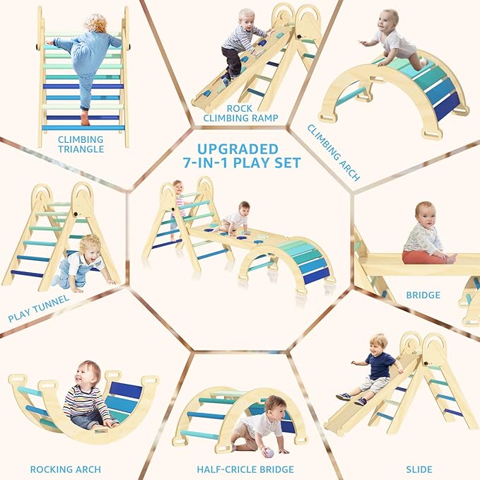 Pikler Triangle Set, Montessori Climbing Set, Baby Climbing Playset Toys Indoor, Jungle Gyms for Toddlers Ages 1-4, Toddler Climbing Playground (Blue-Nature)