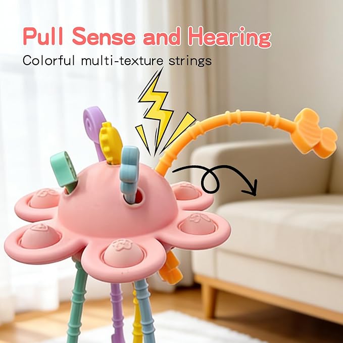 Food Grade Silicone Pull String Baby Toy, Montessori Pull String Sensory Toy for 18 Months Babies Teething Toys (Pink)