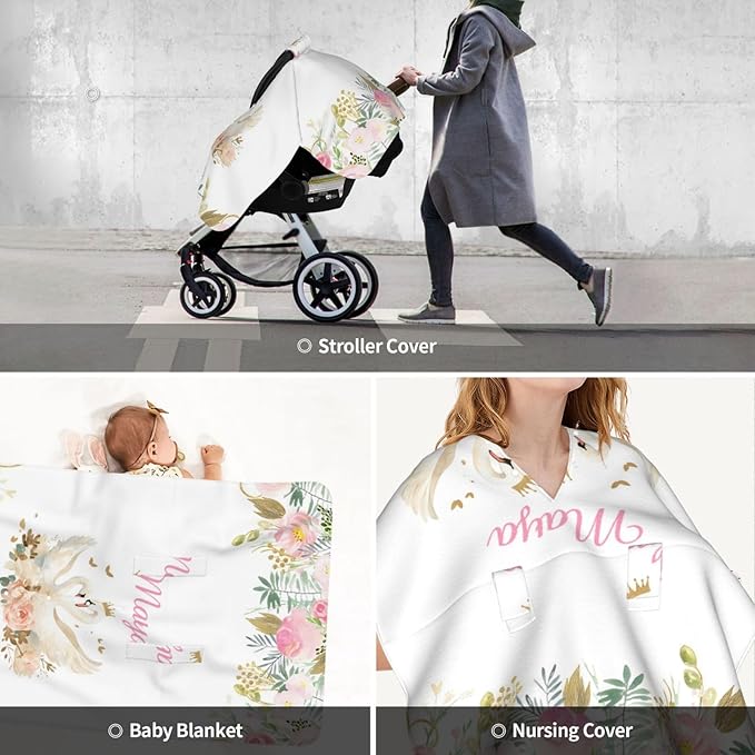 Personalized Baby Car Seat Canopy for Babies, Custom Name Car Seat Covers for Baby Girls, Floral Swan Opening Minky Nursing Breastfeeding Cover for Infant, Carseat Canopies for Newborn
